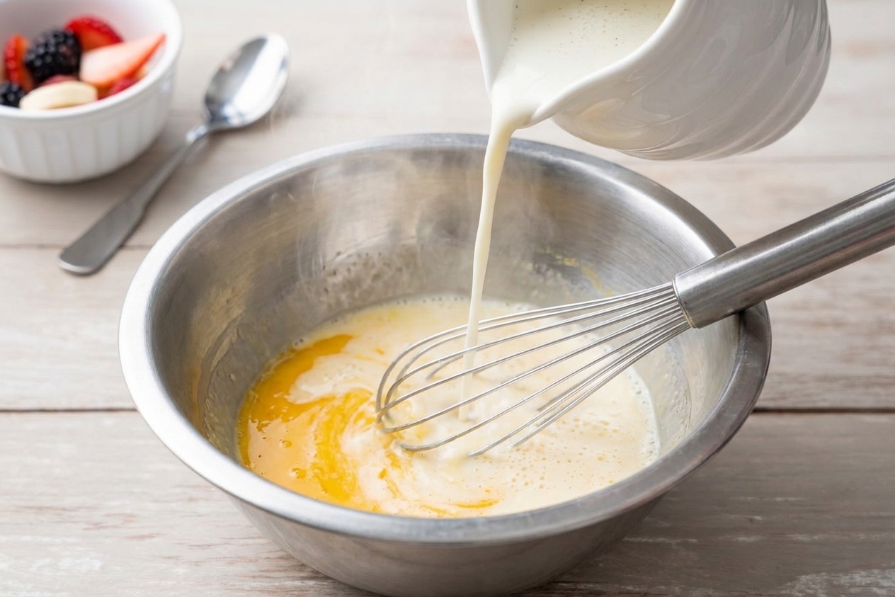 Hot milk mixture being poured in a thin stream into egg yolks while whisking, close-up on a kitchen counter