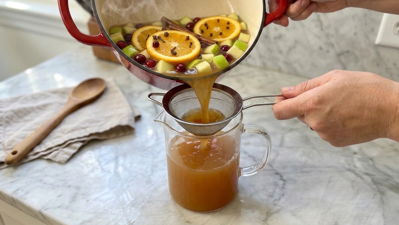 Hot mulled cider being poured through a fine-mesh strainer into a heatproof pitcher on a kitchen counter