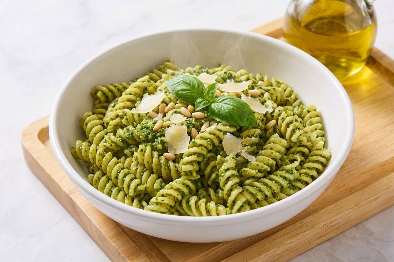 Hot pasta in a large bowl coated with pesto