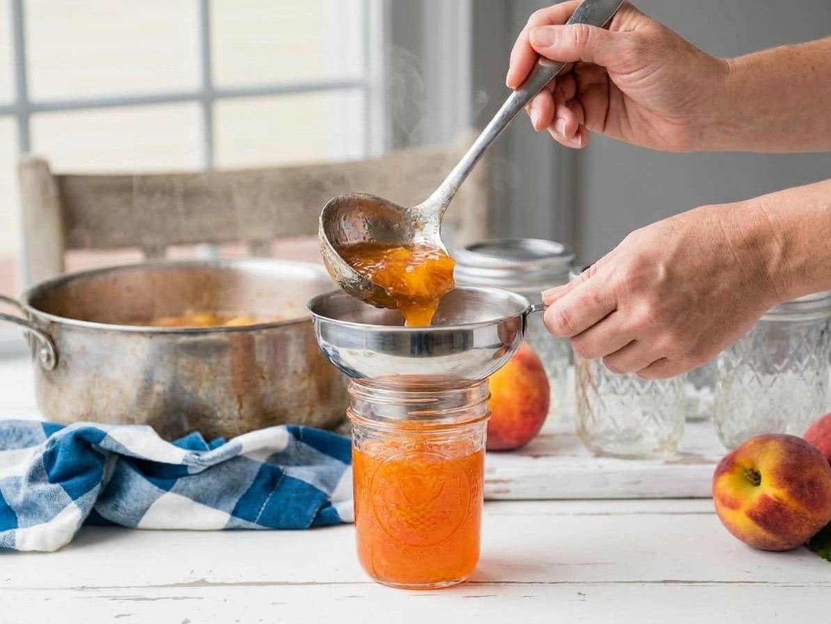 Hot peach jelly being ladled into clean glass jars using a jar funnel on a kitchen counter