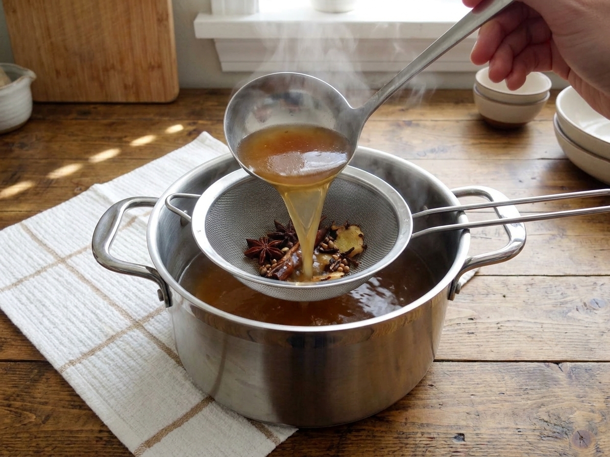 Hot pho broth being poured through a fine-mesh strainer into a clean pot