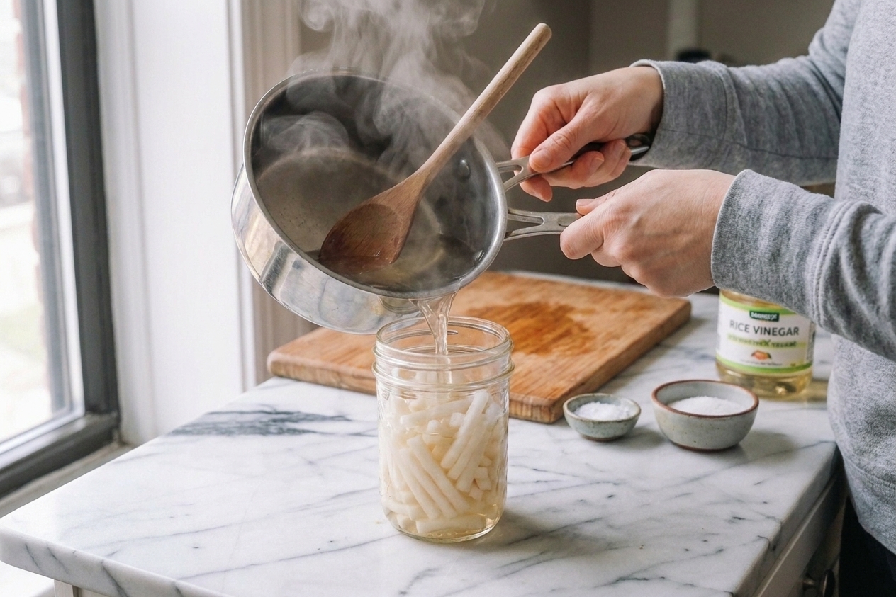 Hot pickling brine being poured into a glass jar filled with sliced daikon on a kitchen counter