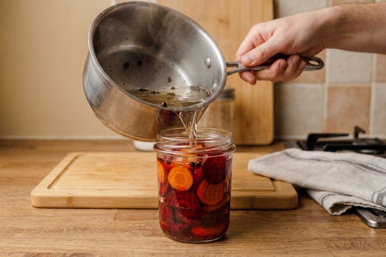 Hot pickling brine being poured into a glass jar packed with sliced beets on a clean kitchen counter