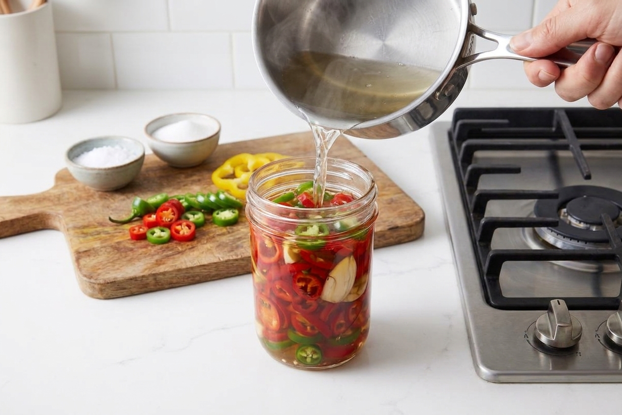 Hot pickling brine being poured into a glass jar packed with sliced peppers on a kitchen counter