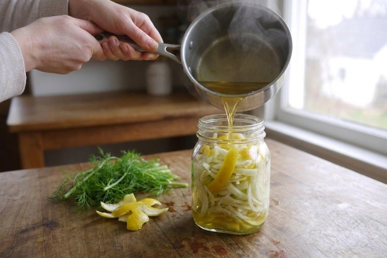 Hot pickling brine being poured into a glass jar packed with thin fennel slices and lemon peel on a kitchen counter