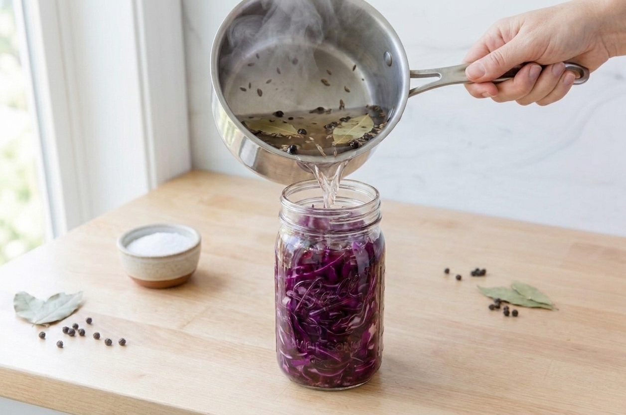 Hot pickling brine being poured into a jar of red cabbage, with a little steam rising
