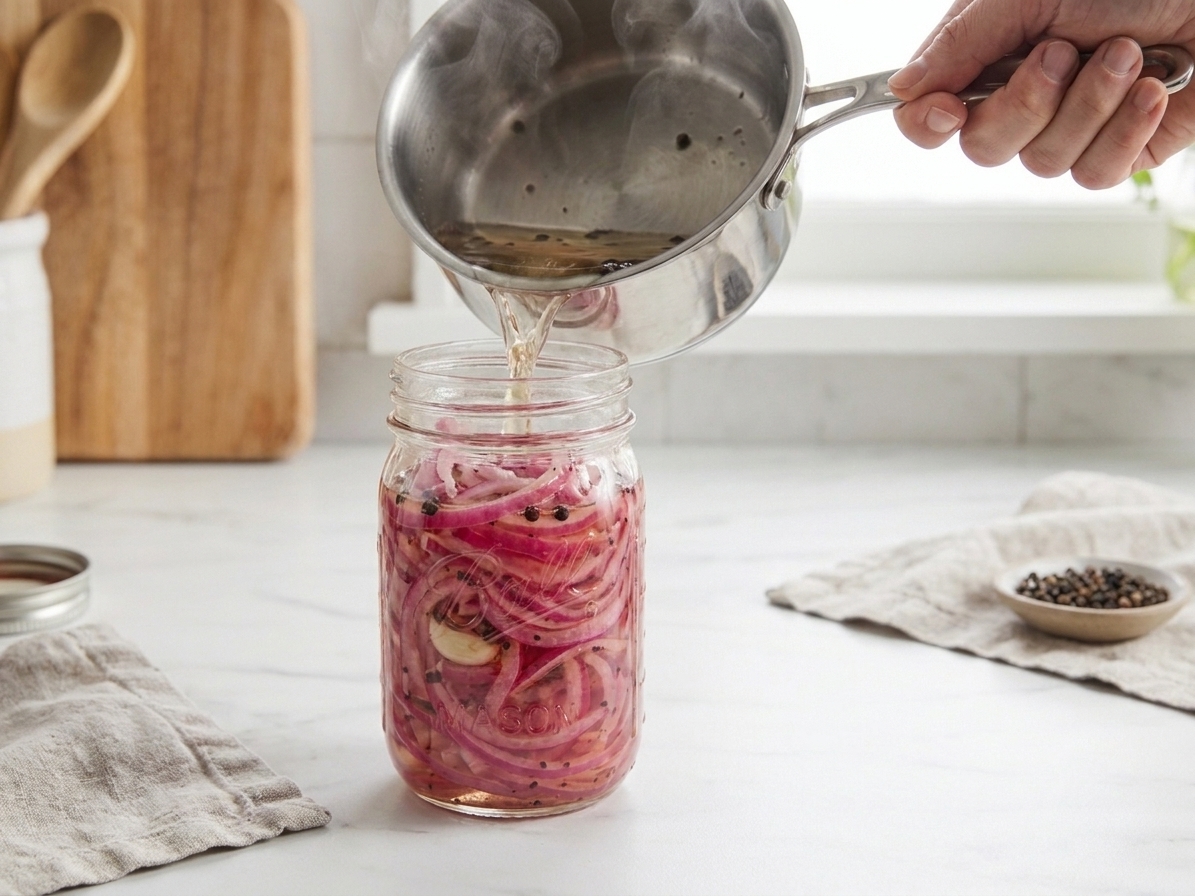 Hot pickling brine being poured into a jar of sliced red onions on a kitchen counter