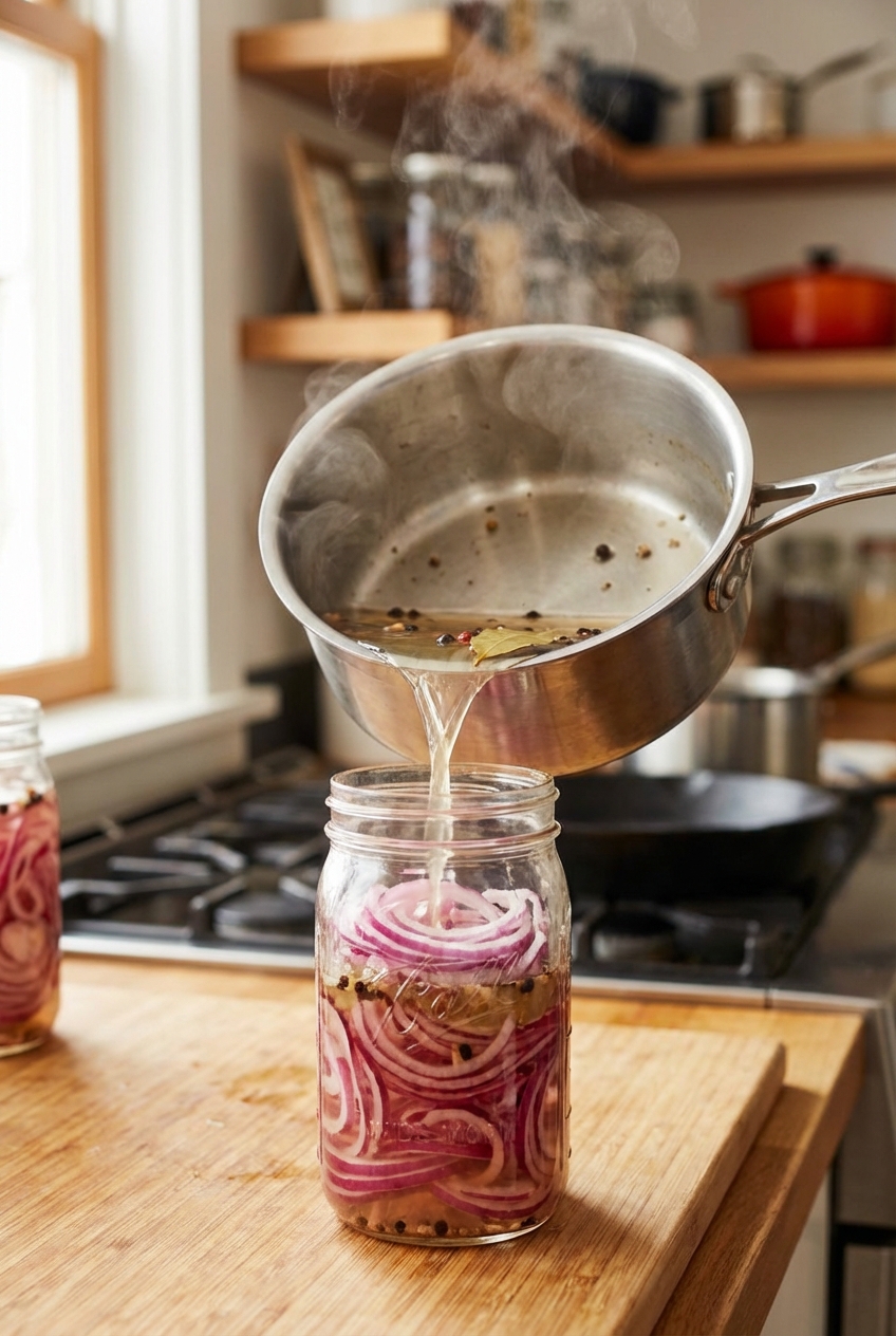 Hot pickling brine being poured over thinly sliced red onions in a glass jar
