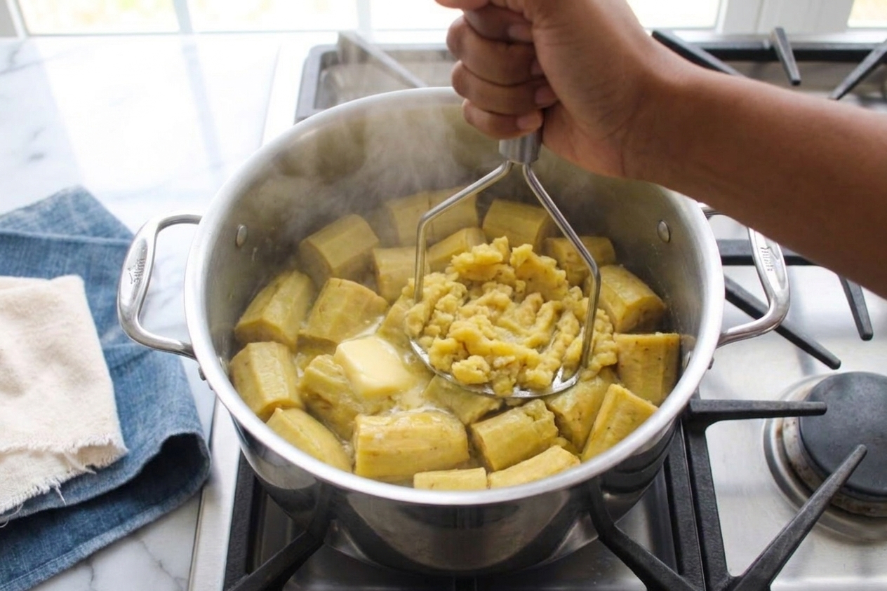 Hot plantains being mashed with butter in a pot using a potato masher on the stovetop