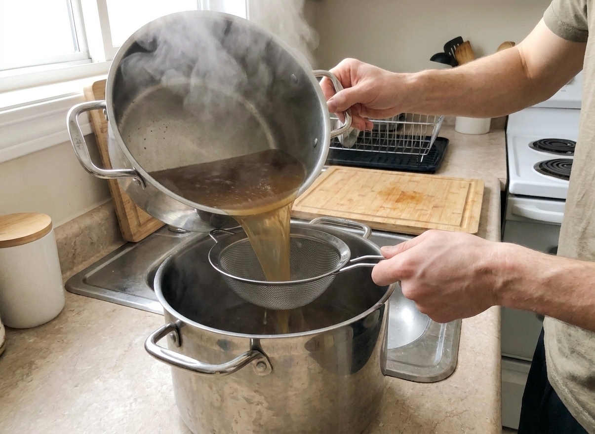 Hot ramen broth being poured through a fine-mesh strainer into a clean pot on a kitchen counter