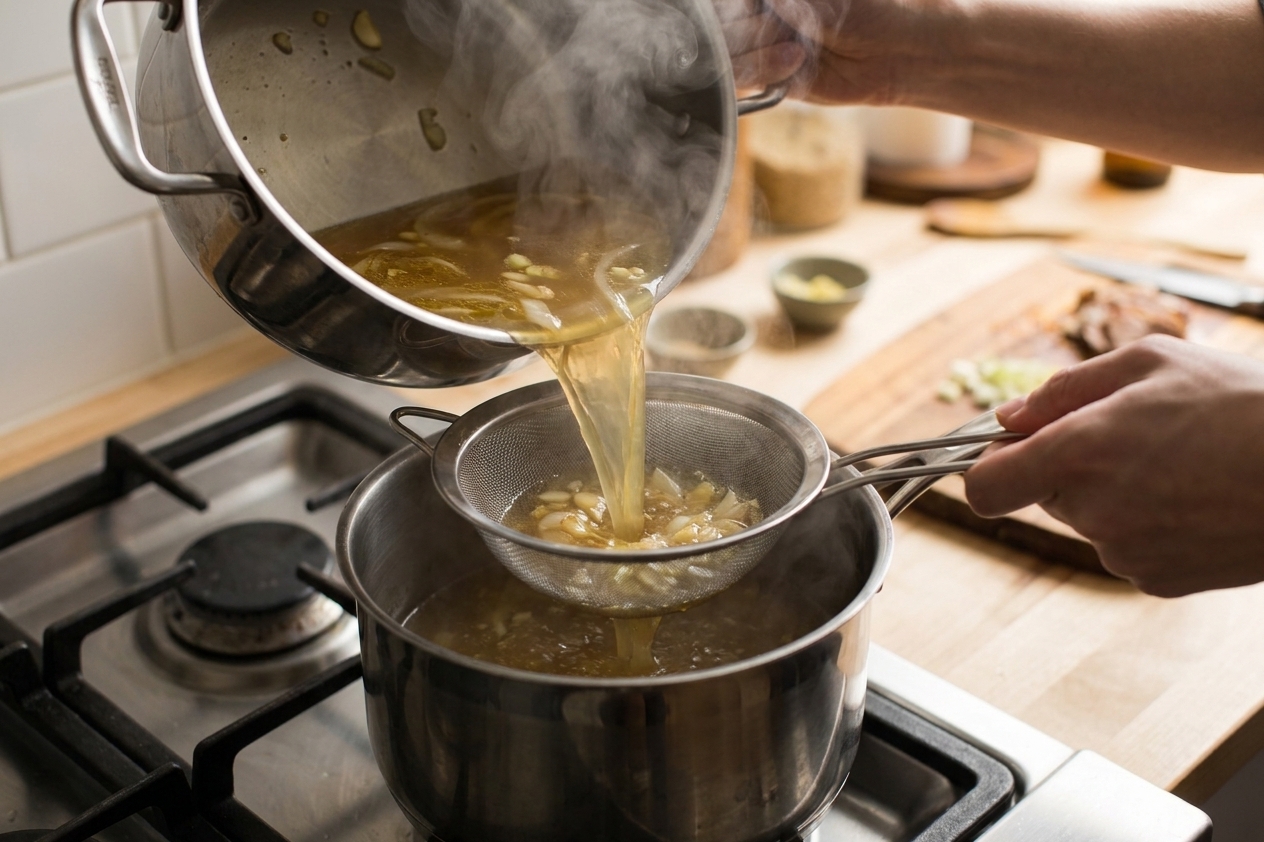 Hot ramen broth being poured through a fine mesh strainer into a clean pot, with steam rising