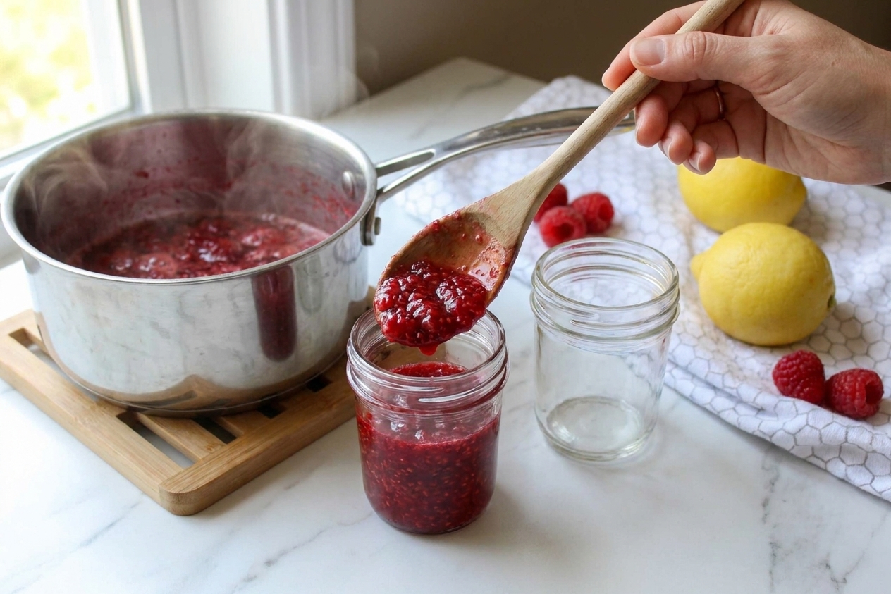 Hot raspberry jam being spooned into a small glass jar on a kitchen counter, with a second empty jar nearby