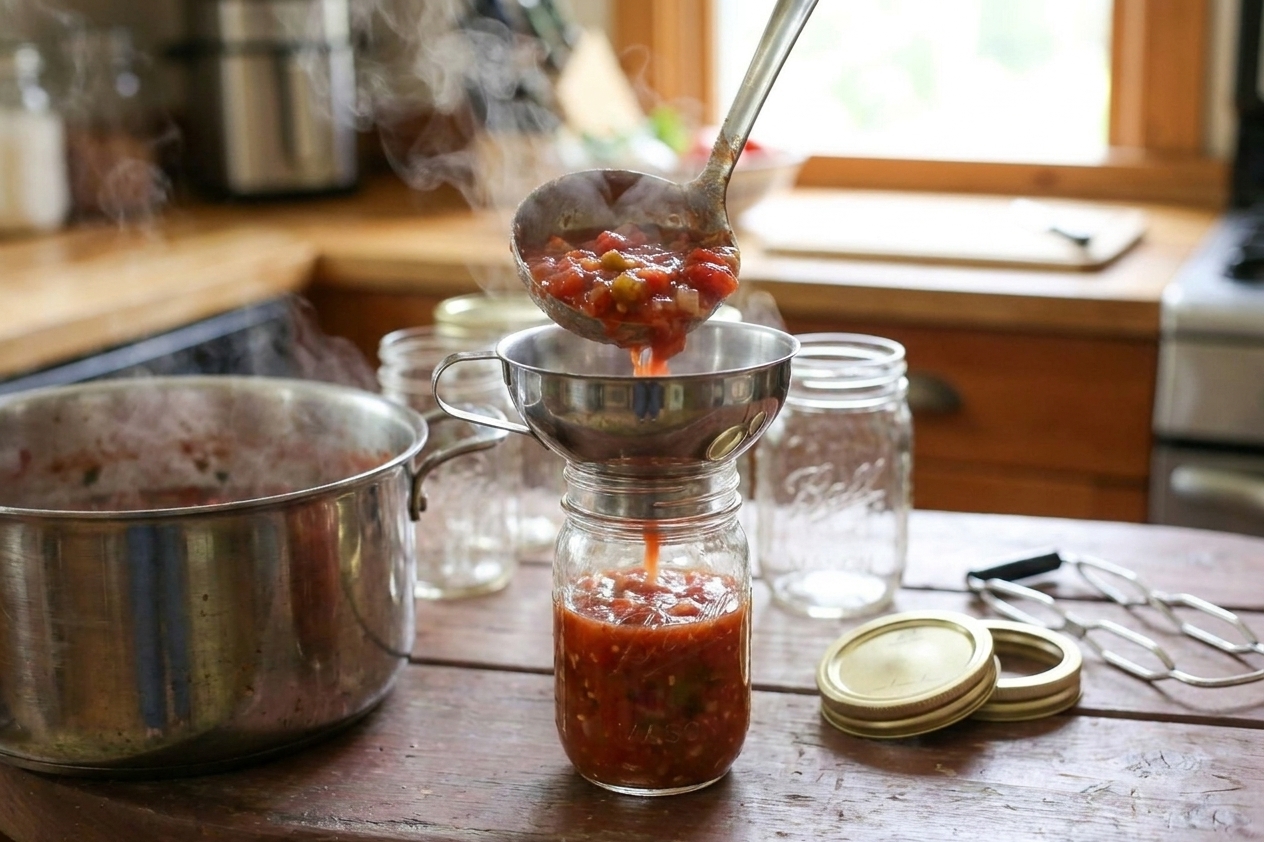 Hot salsa being ladled into a wide-mouth canning jar using a canning funnel