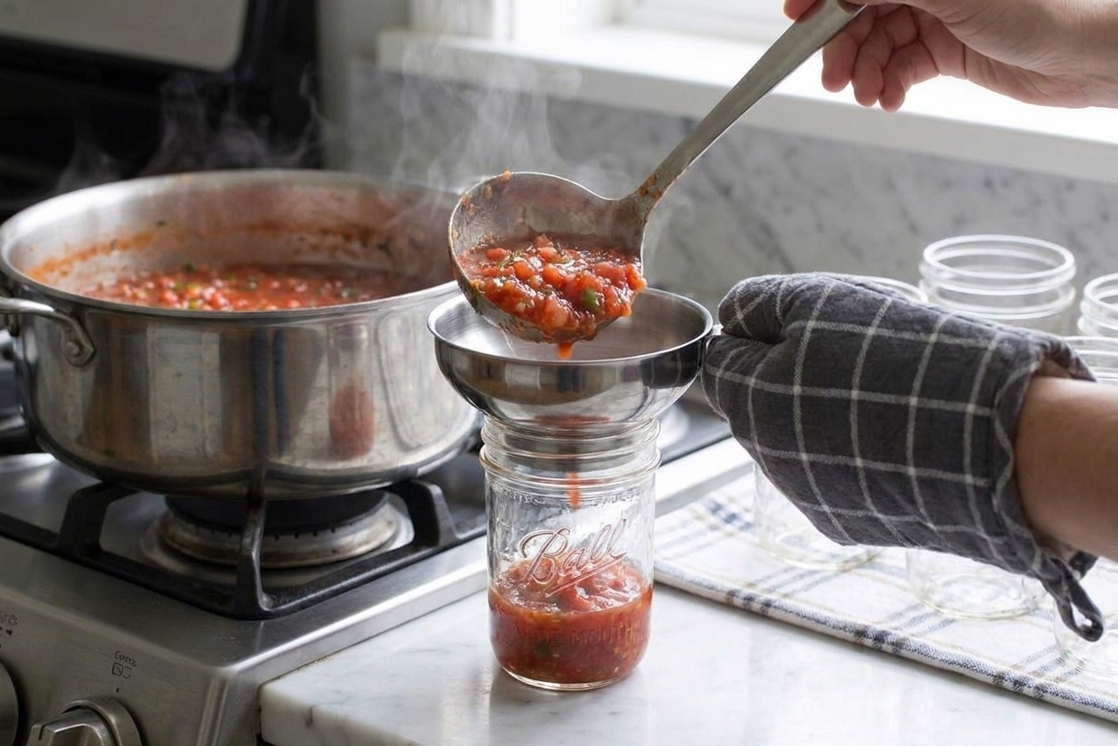 Hot salsa being ladled through a canning funnel into a clean half-pint jar