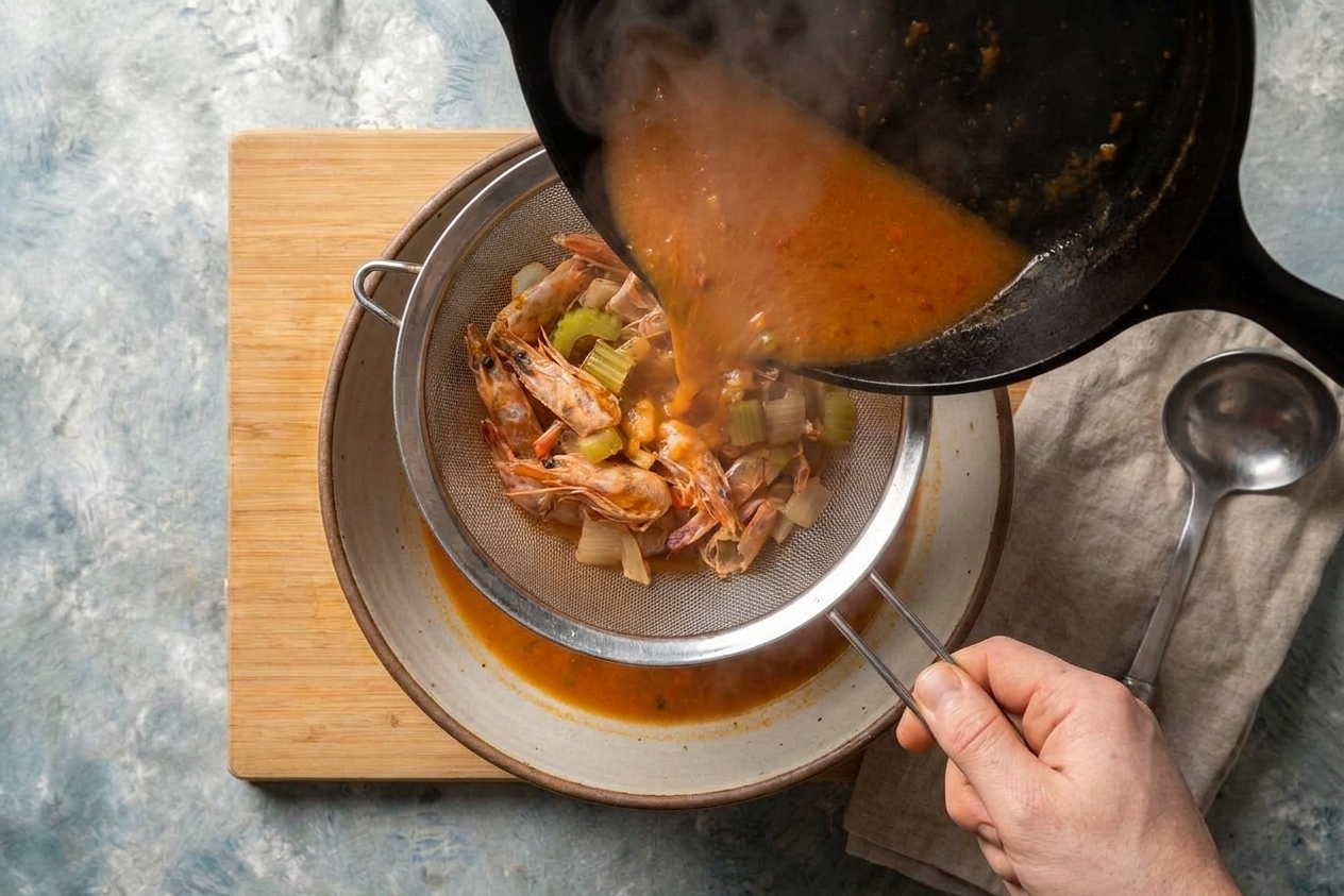 Hot shrimp stock being poured through a fine-mesh strainer into a large bowl on a kitchen counter