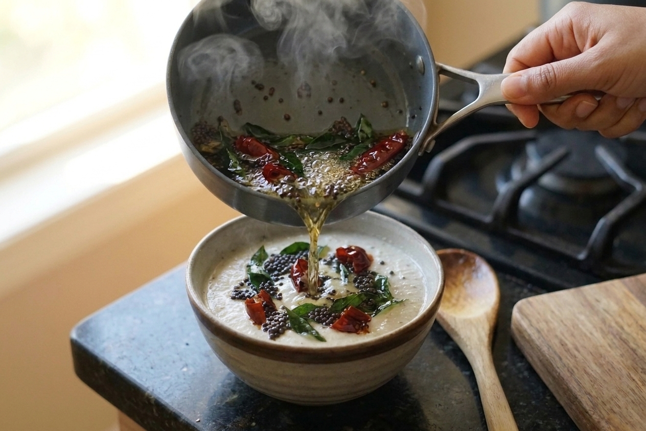 Hot tempering with mustard seeds, curry leaves, and dried red chile being poured from a small skillet onto a bowl of coconut chutney