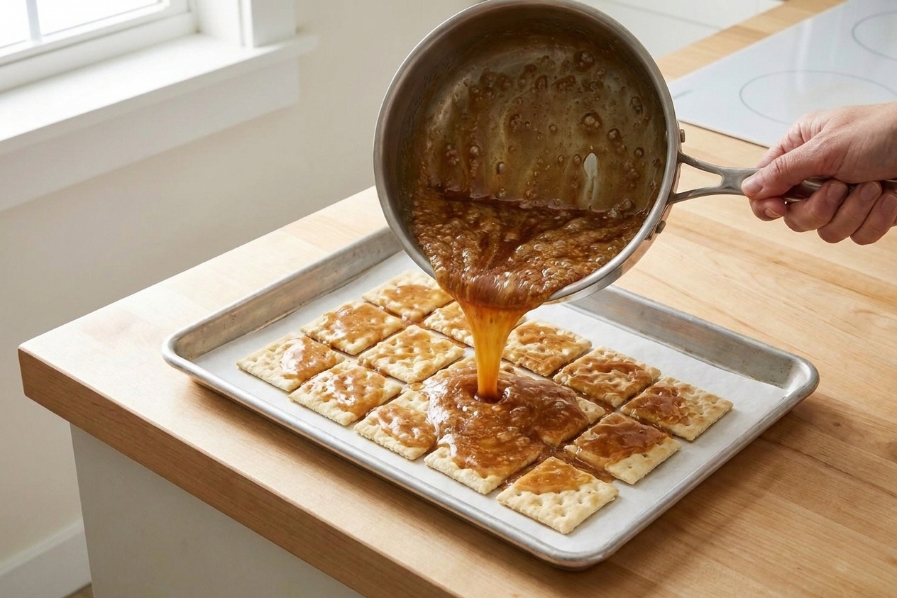 Hot toffee mixture being poured over saltine crackers on a parchment-lined sheet pan