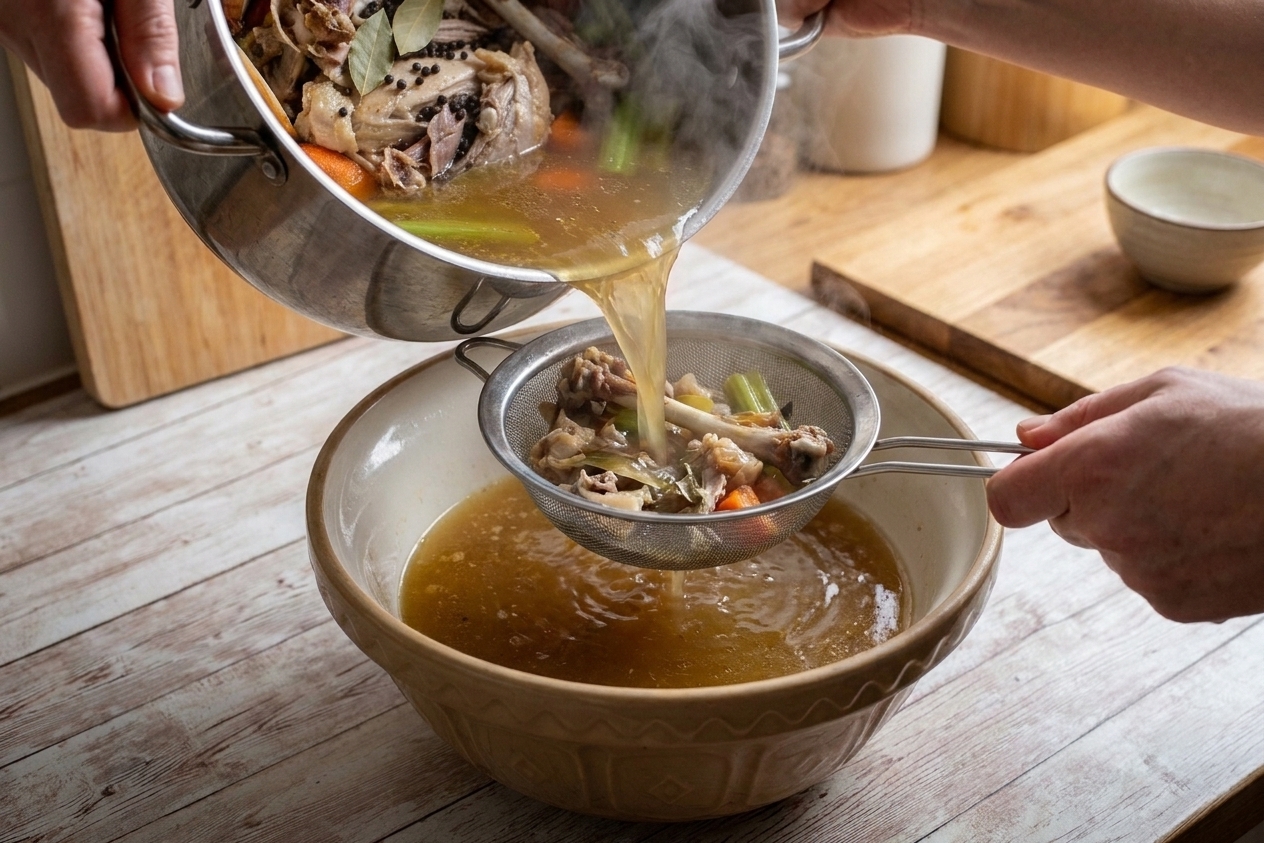 Hot turkey stock being poured through a fine-mesh strainer into a large bowl on a kitchen counter