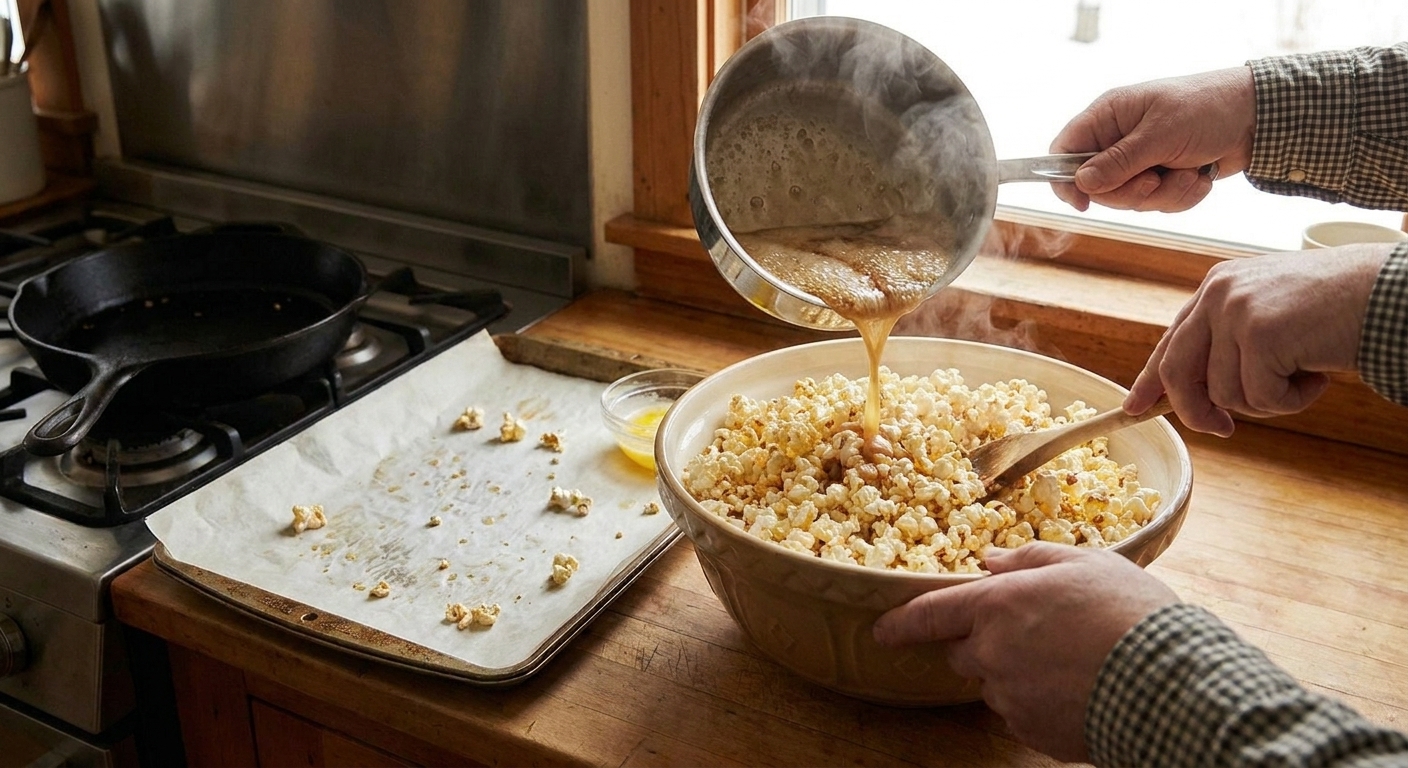 Hot vanilla syrup being poured over a bowl of popcorn while someone folds gently with a heatproof spatula