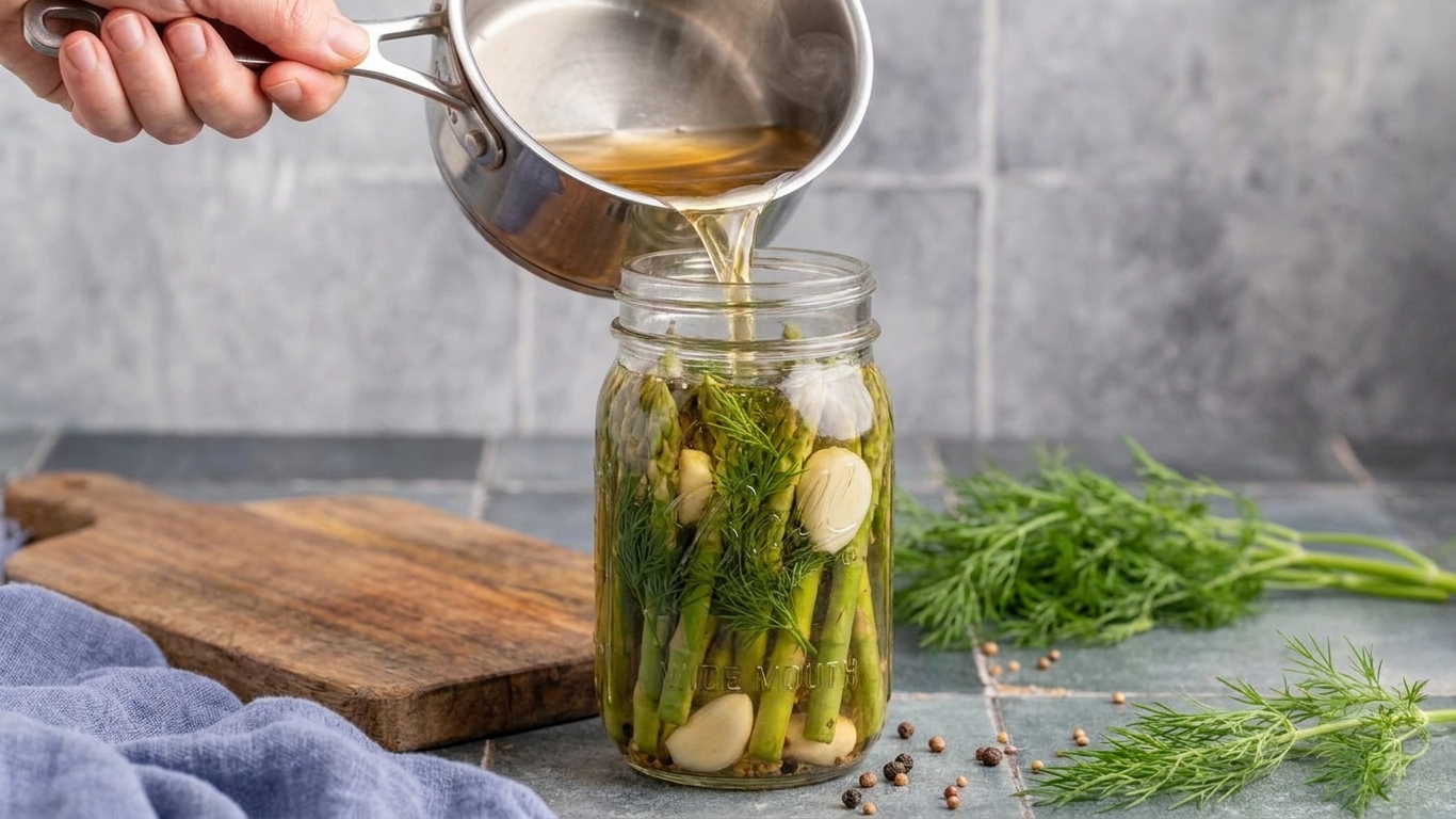Hot vinegar brine being poured from a small saucepan into a glass jar packed with asparagus spears, dill, and garlic on a kitchen counter