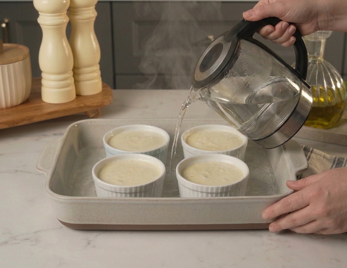 Hot water being poured into a baking dish around ramekins to create a water bath for baking custard