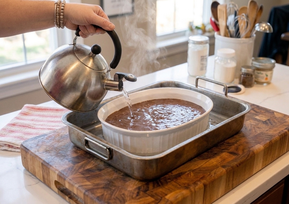 Hot water being poured into a roasting pan around a baking dish to create a water bath