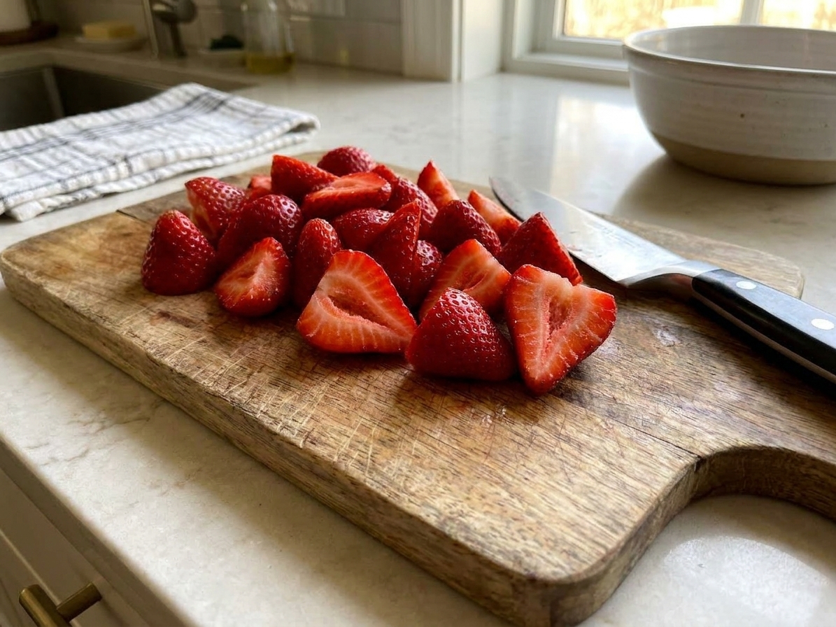 Hulled and halved strawberries piled on a wooden cutting board beside a chef’s knife on a bright kitchen counter