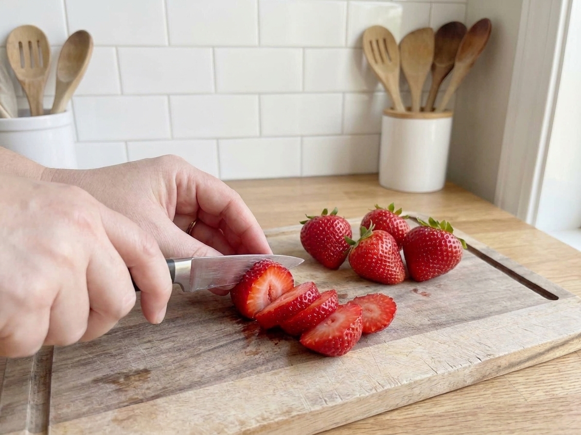 Hulled strawberries sliced on a wooden cutting board beside a small knife on a bright kitchen counter