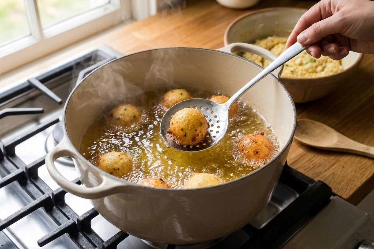 Hush puppy batter rounds frying in bubbling oil in a deep pot, turning golden brown