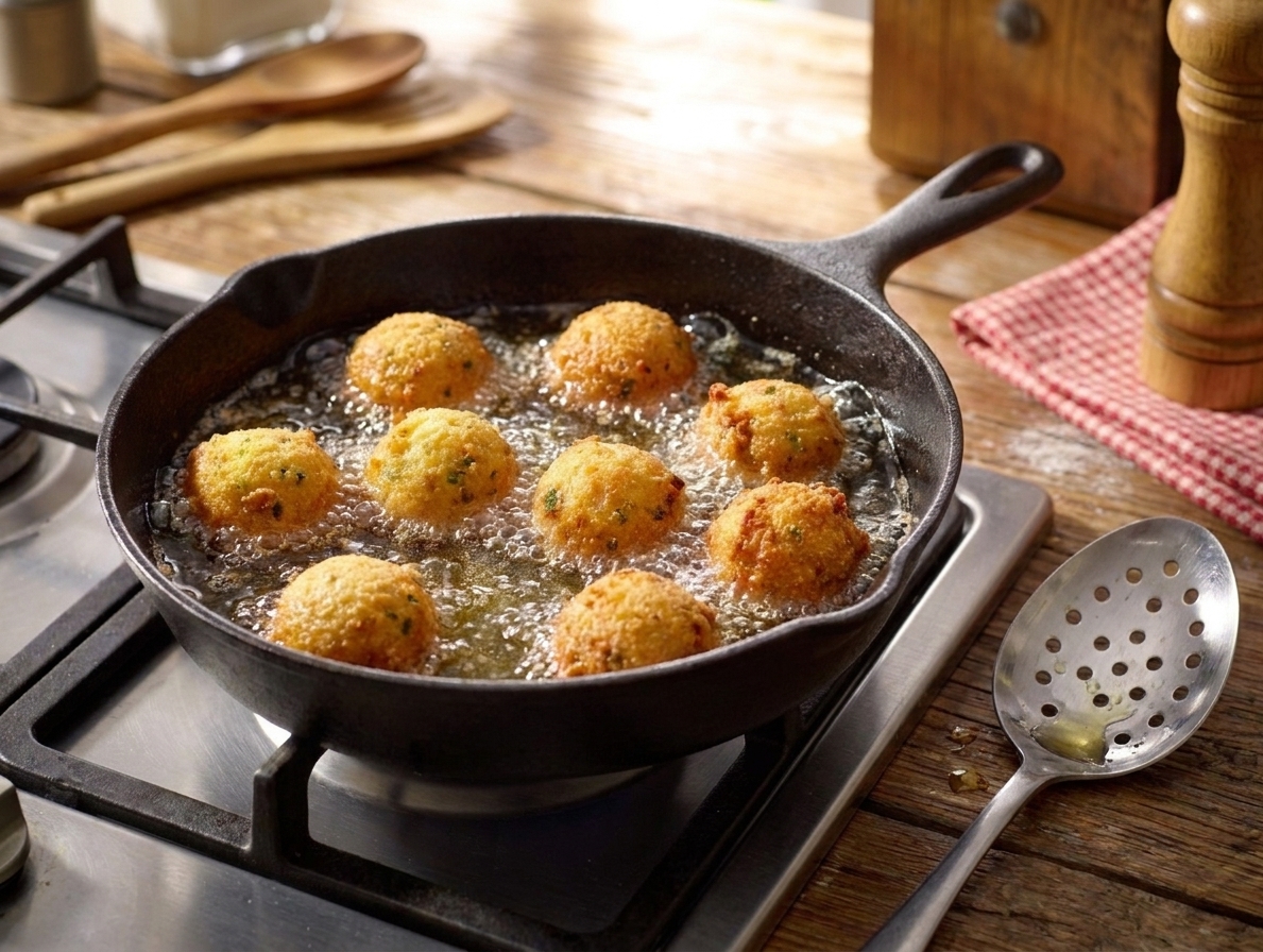 Hush puppy batter rounds frying in bubbling oil in a cast iron skillet on a stovetop with a slotted spoon nearby