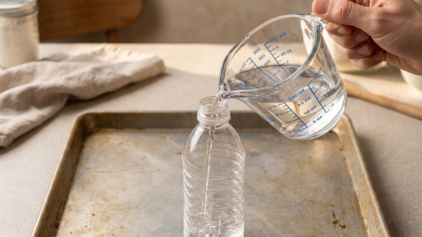 Hydrogen peroxide being poured from a measuring cup into a plastic bottle on a rimmed baking sheet