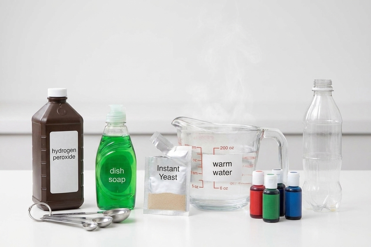 Hydrogen peroxide bottle, dish soap, dry yeast, warm water, measuring spoons, food coloring, and a plastic bottle arranged on a kitchen counter