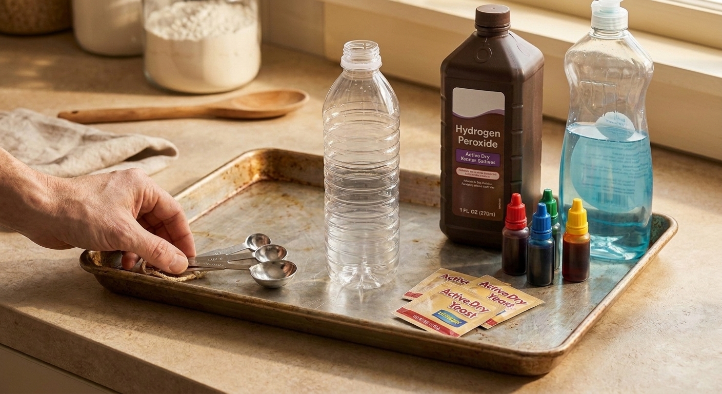 Hydrogen peroxide bottle, dish soap, packets of yeast, food coloring, and measuring spoons arranged on a kitchen counter next to a plastic bottle and a rimmed baking sheet