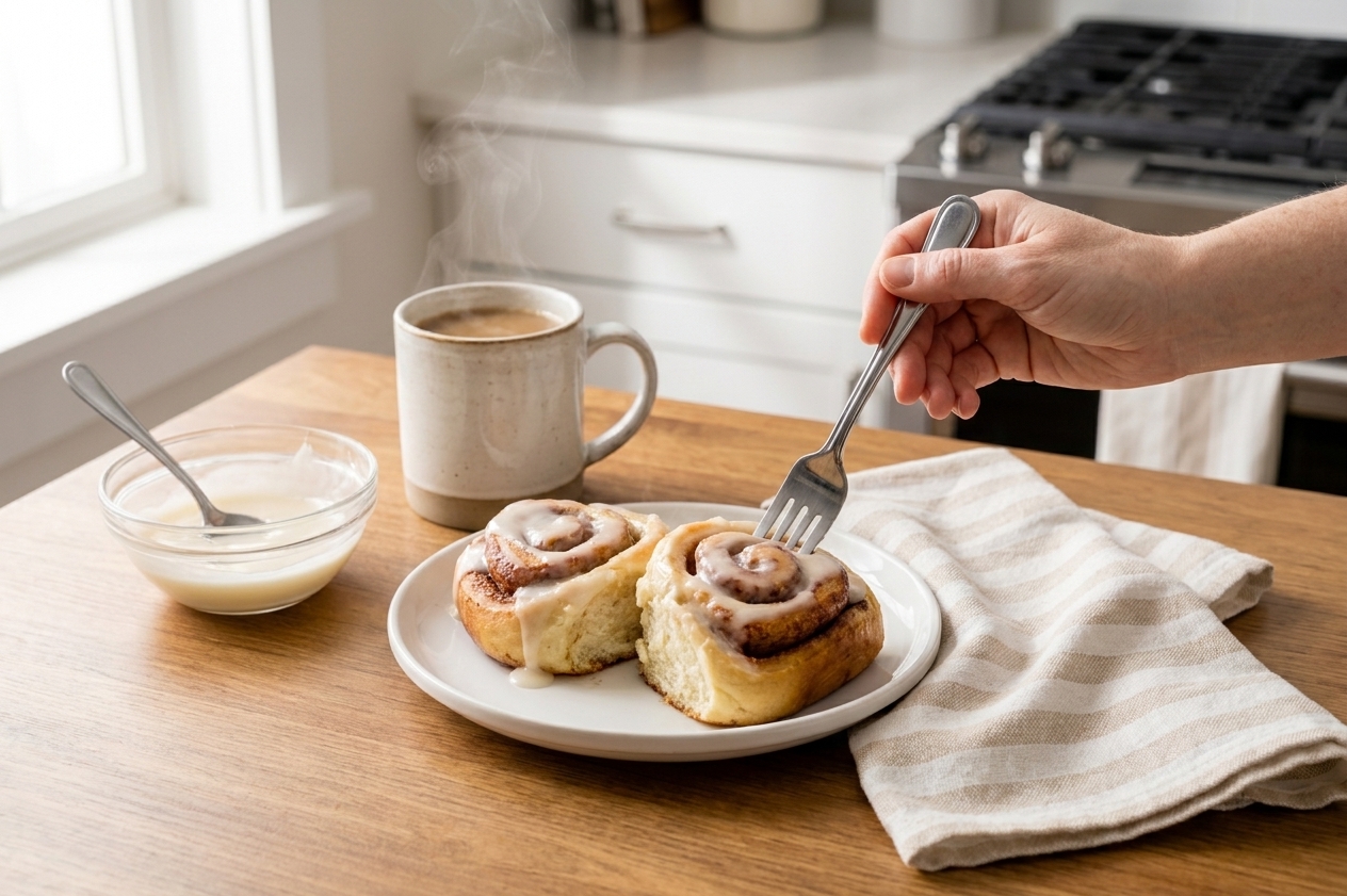 Iced cinnamon rolls served on a plate with a mug of coffee on a simple breakfast table setting with soft morning light