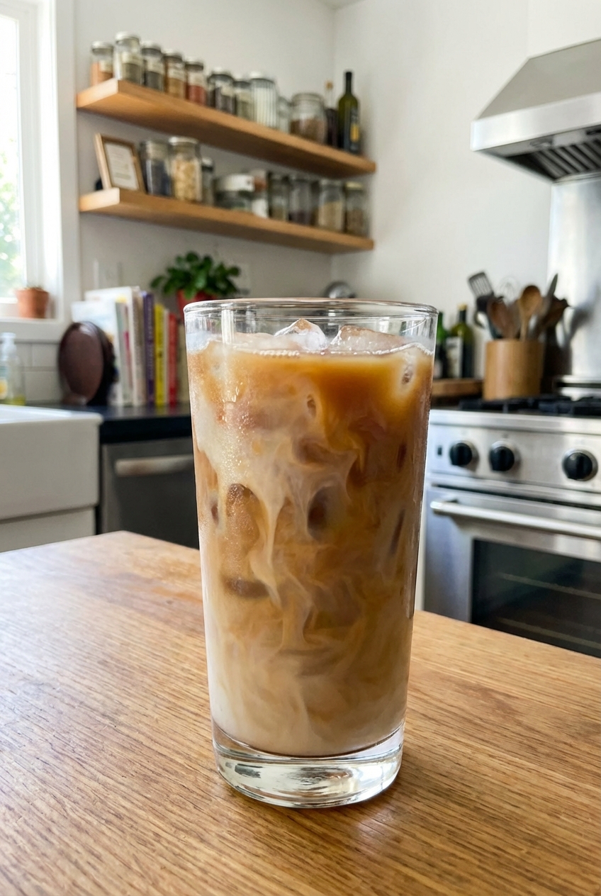 Iced coffee in a glass with milk and ice cubes on a kitchen counter