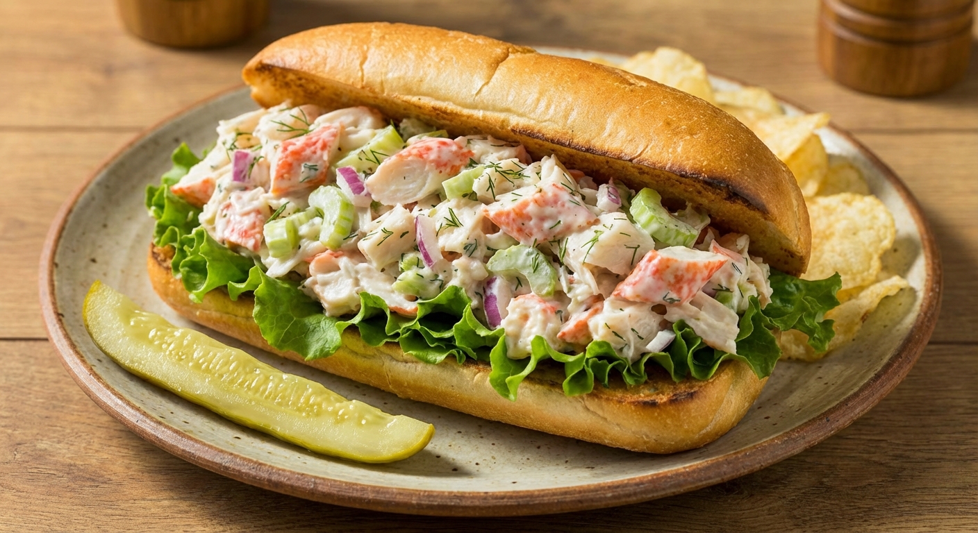 Imitation crab salad piled on a toasted sandwich roll with lettuce on a plate