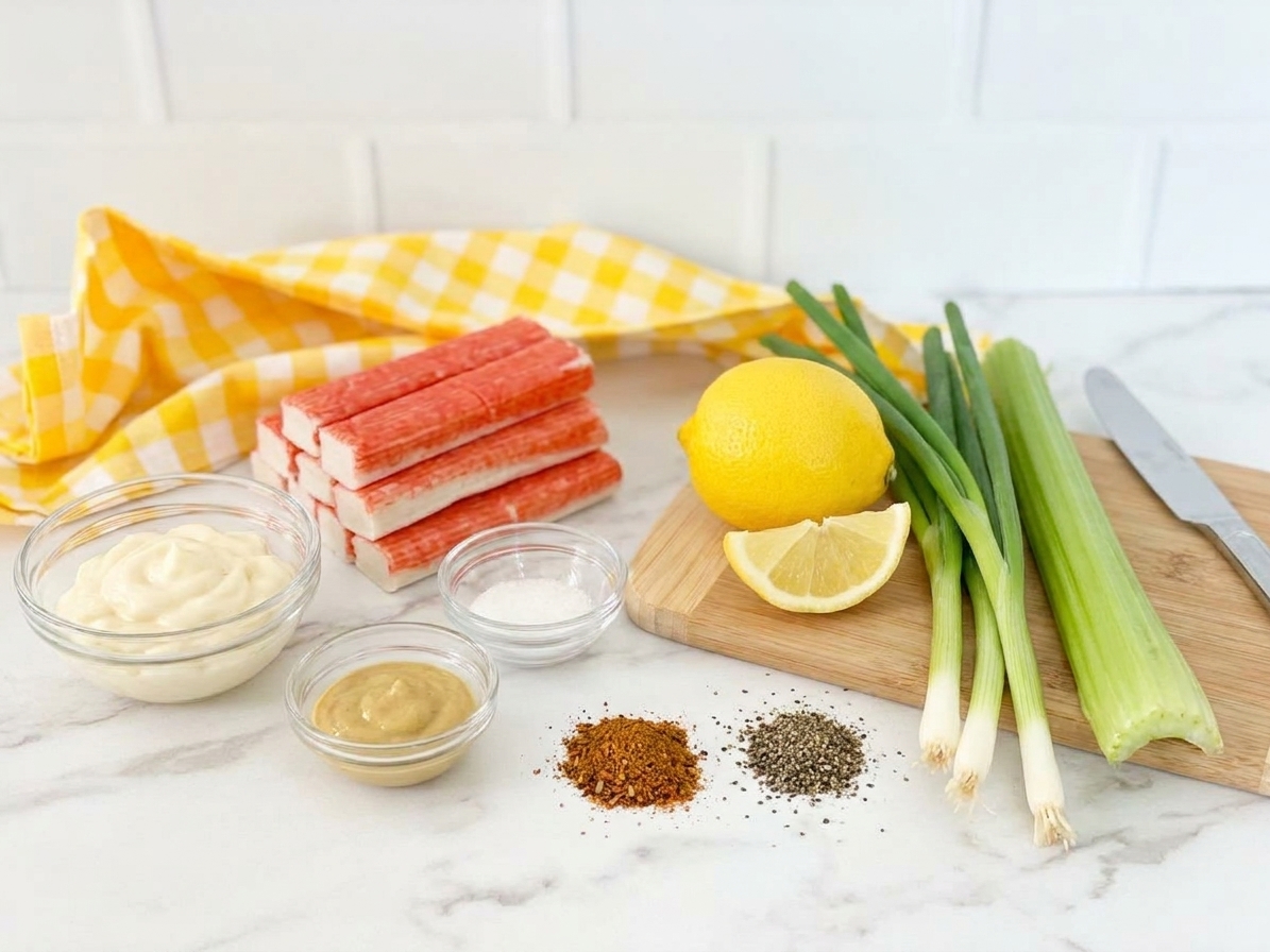 Imitation crab sticks, mayonnaise, lemon, Dijon mustard, celery, green onions, Old Bay seasoning, and black pepper arranged on a bright kitchen counter