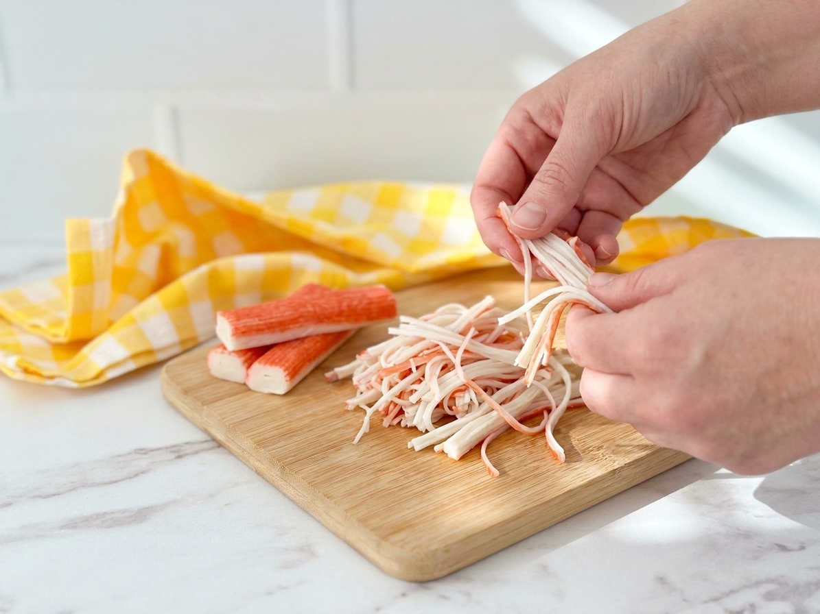 Imitation crab sticks pulled into thin strands over a cutting board on a bright kitchen counter