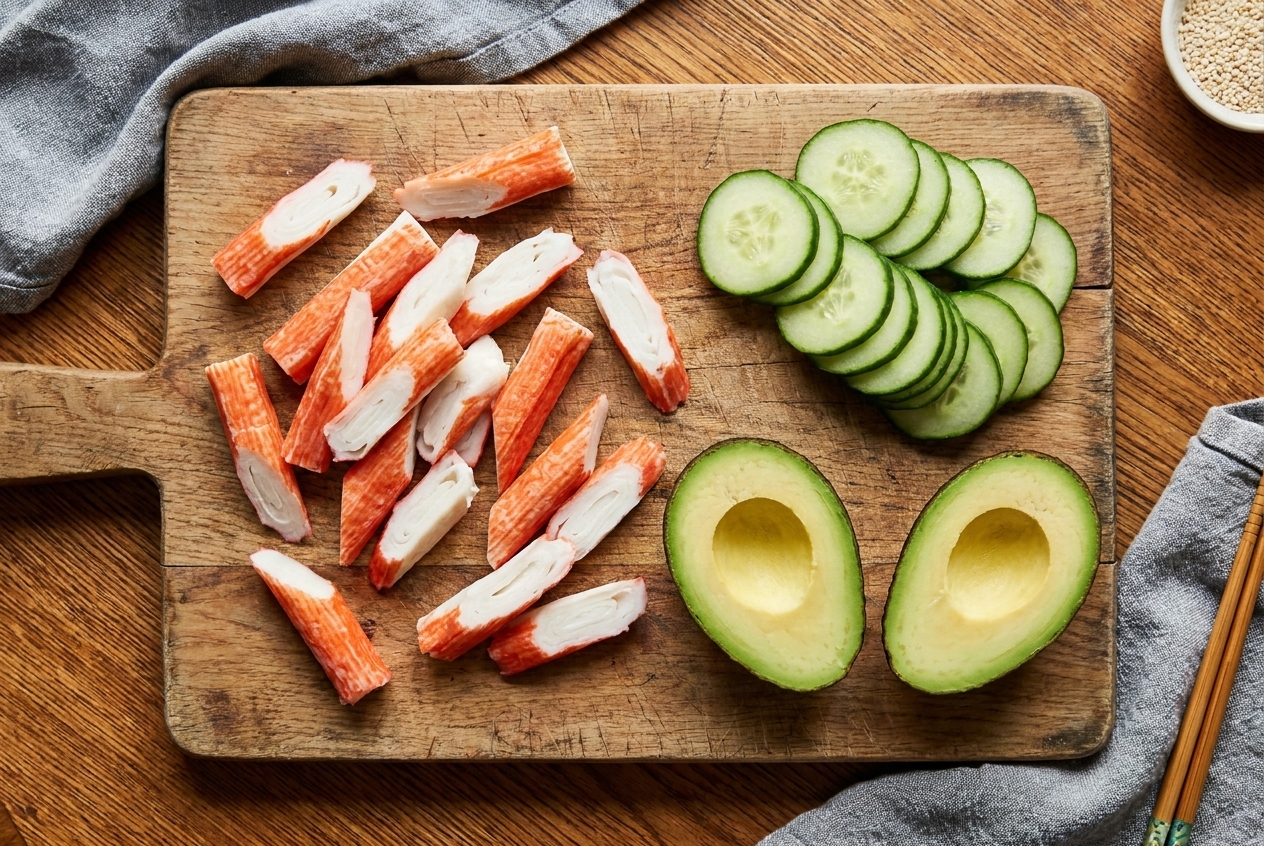 Imitation crab sticks, sliced cucumber, and halved avocado arranged on a wooden cutting board on a bright kitchen counter