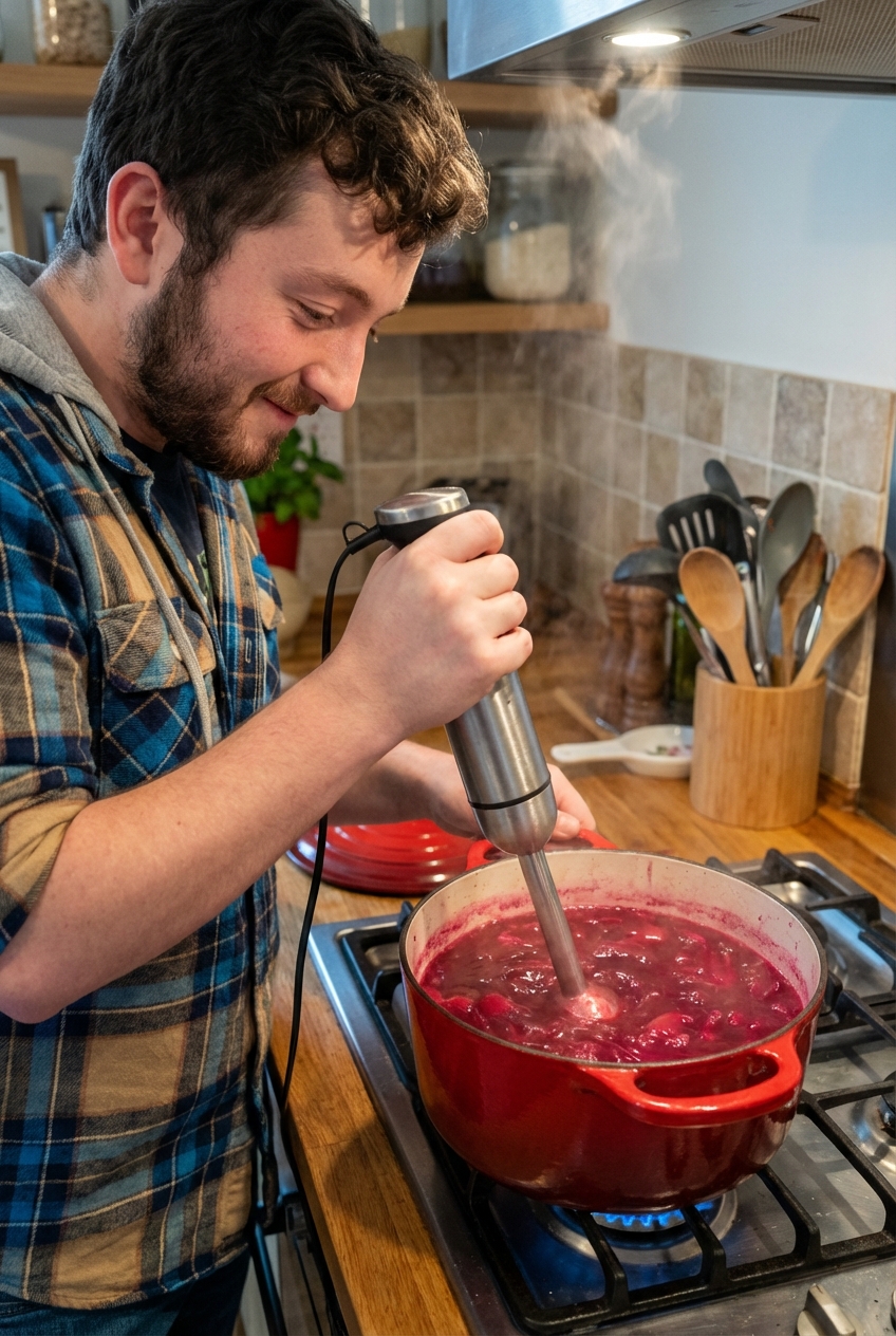 Immersion blender blending deep-magenta borscht in a Dutch oven on a stovetop