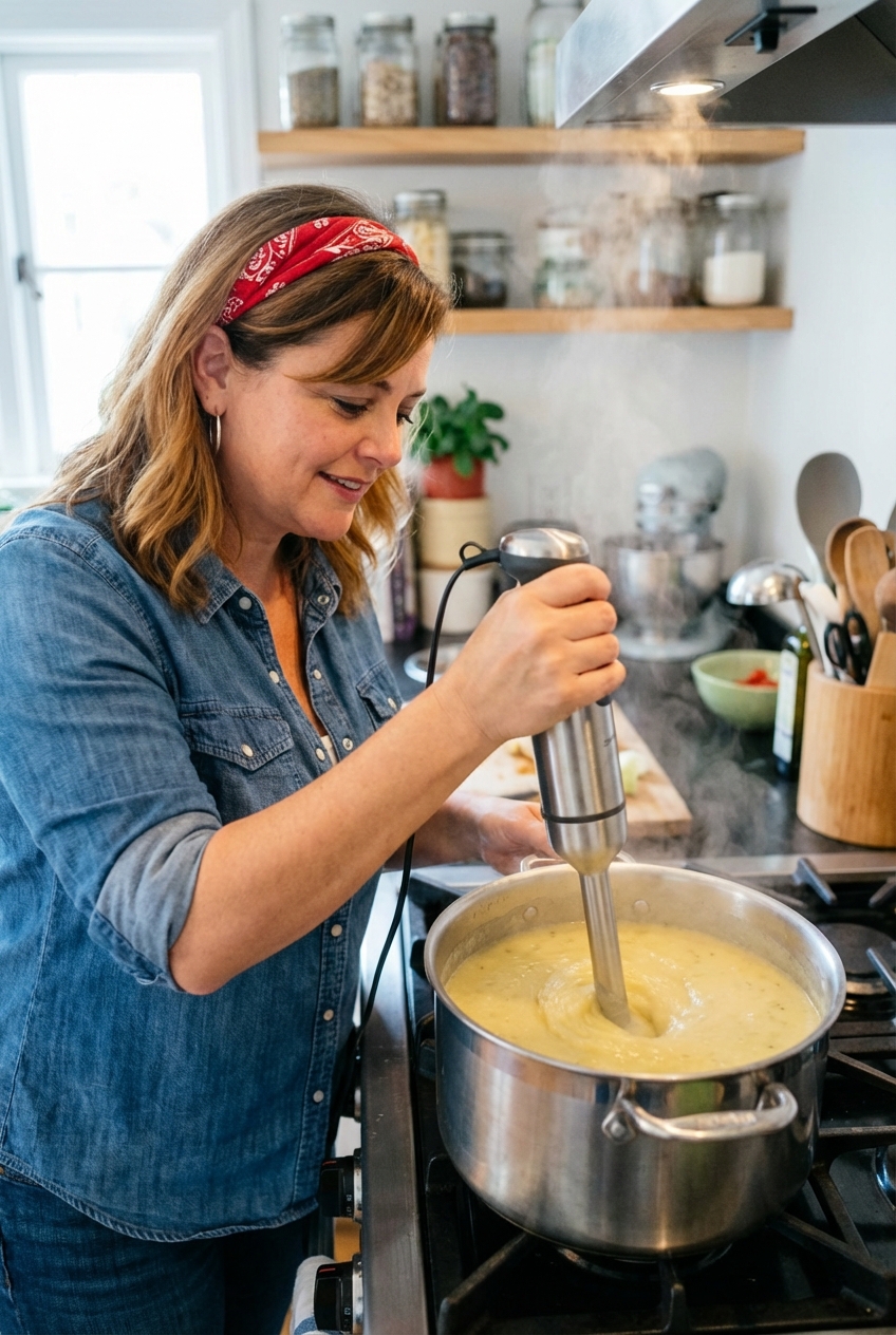 Immersion blender blending potato leek soup in a stainless steel pot on a stovetop