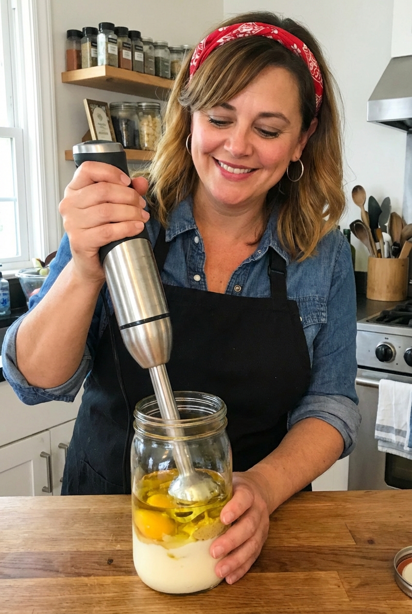 Immersion blender in a tall jar emulsifying mayo using the all-in jar method, with the oil added to the jar before blending
