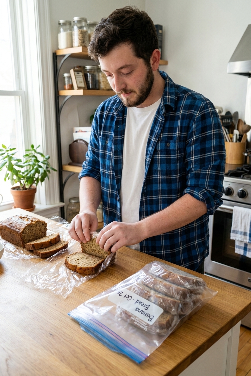 Individual banana bread slices wrapped in plastic wrap and placed in a labeled freezer bag on a kitchen counter