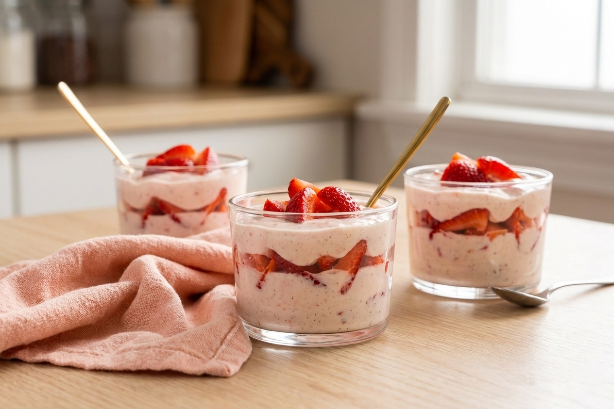 Individual clear cups of fresas con crema on a simple table setting with spoons, soft natural light and a cozy kitchen background