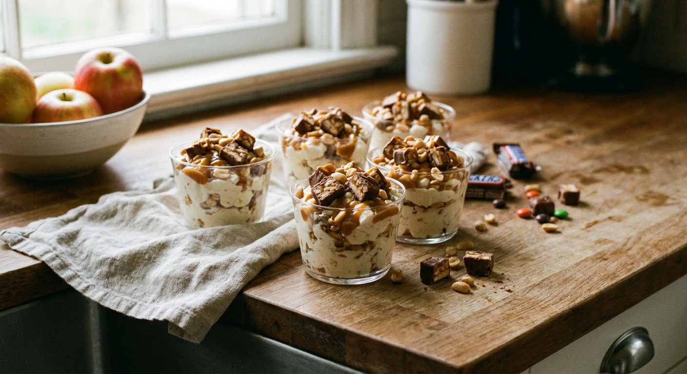 Individual clear dessert cups filled with Snickers salad topped with chopped candy pieces on a kitchen counter, real food photography style