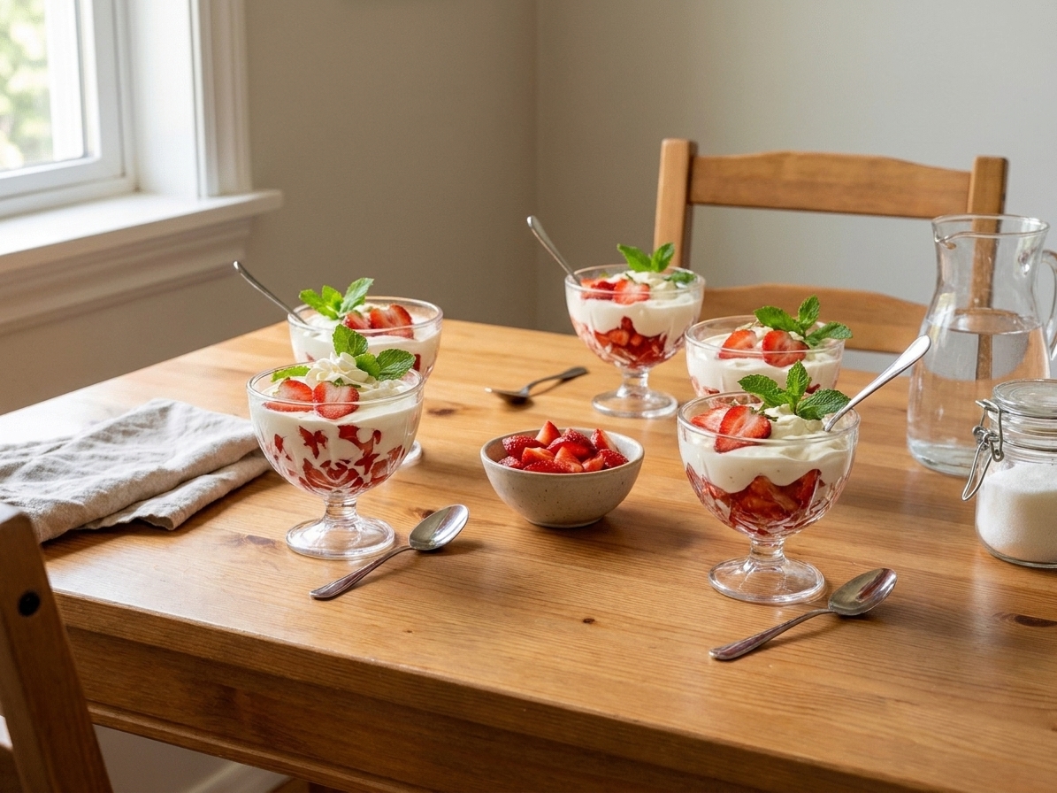 Individual cups of fresas con crema served on a simple dining table with spoons and a small bowl of extra strawberries