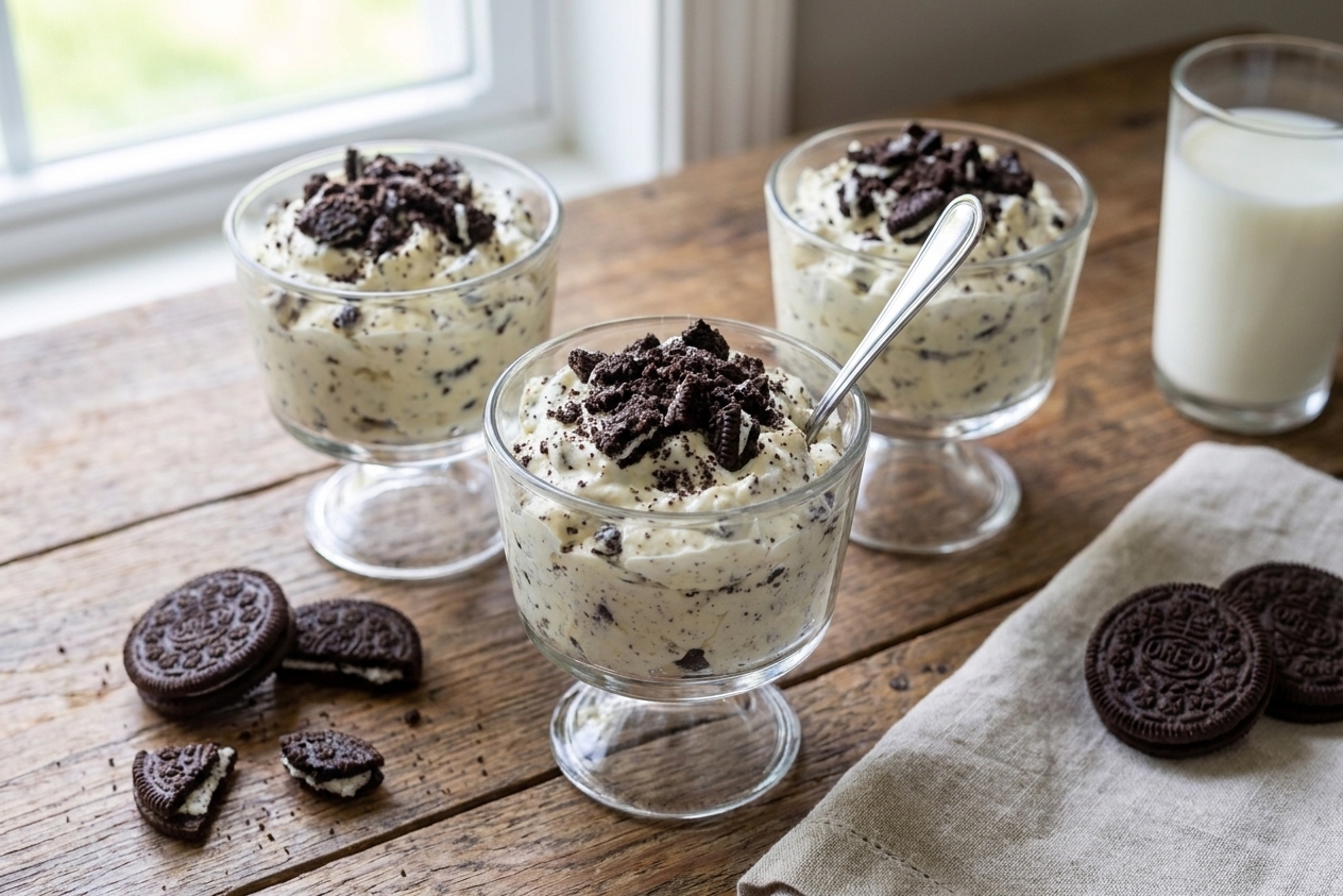 Individual dessert cups filled with Oreo fluff and topped with extra crushed Oreo cookies on a simple table setting
