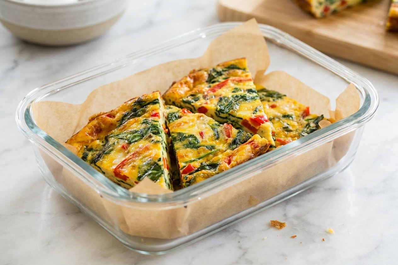 Individual frittata slices stored in a glass meal prep container lined with parchment on a kitchen counter