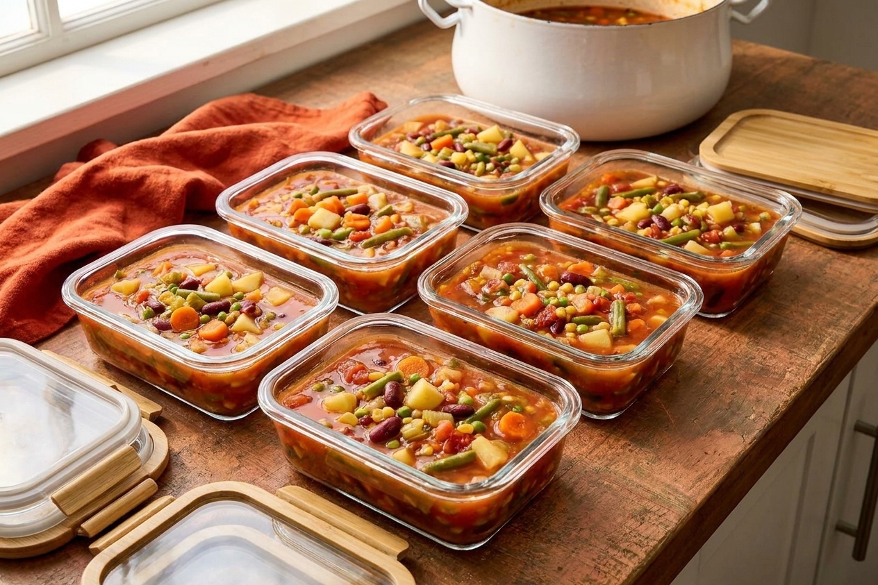 Individual glass meal prep containers filled with vegetable soup cooling on a kitchen counter, lids nearby, warm natural light