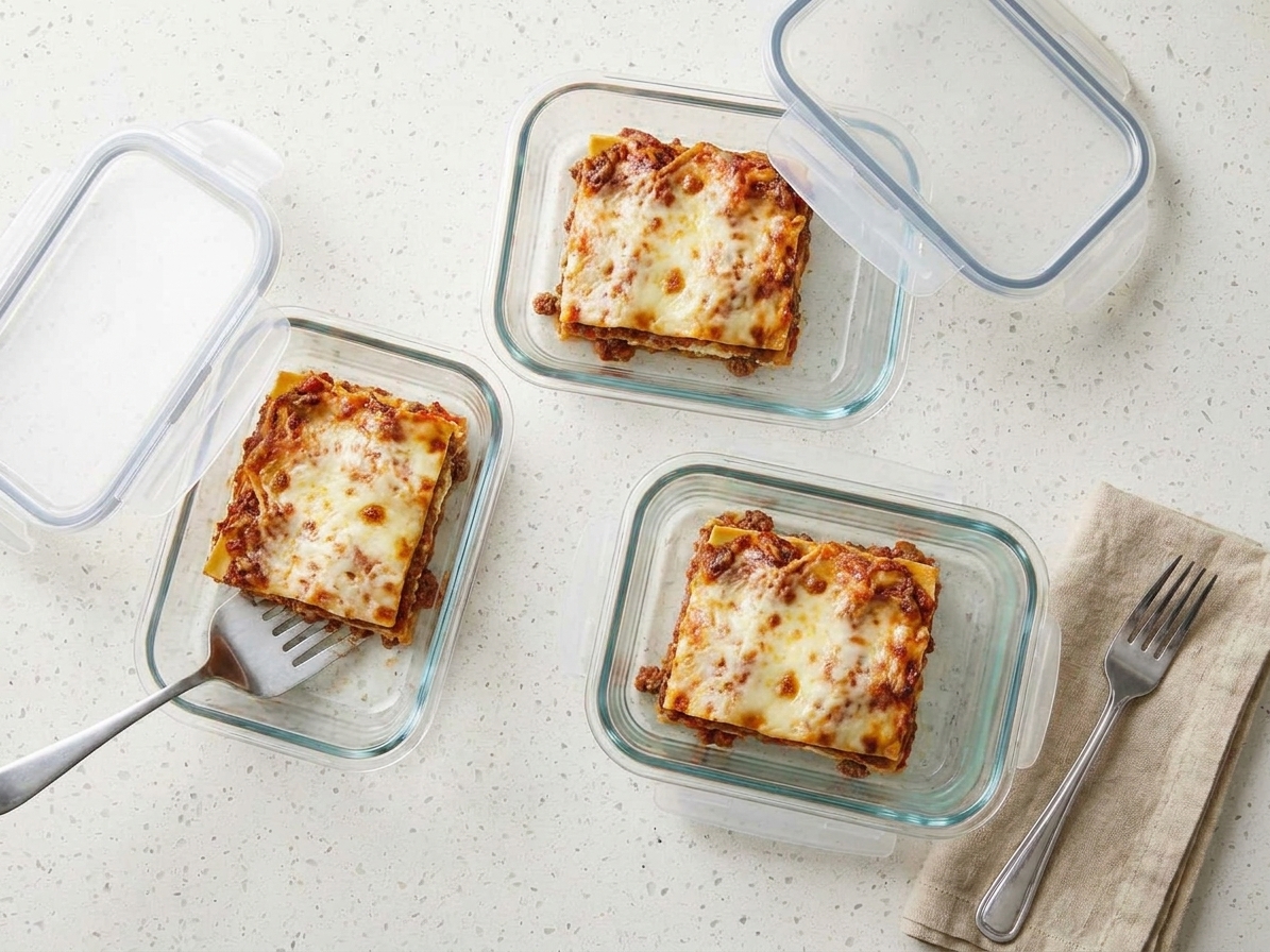 Individual lasagna slices portioned into glass meal prep containers on a kitchen counter, ready for storage